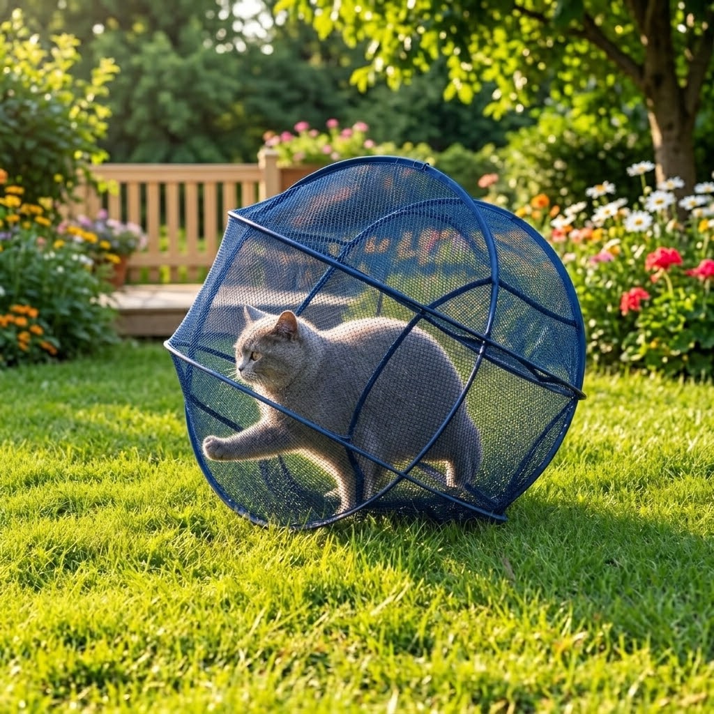 Katze im blauen RolliKatze Auslaufball im Garten