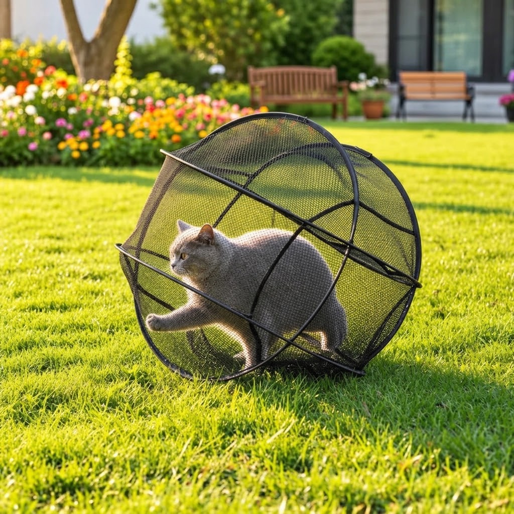 Katze im RolliKatze Auslaufball im Garten